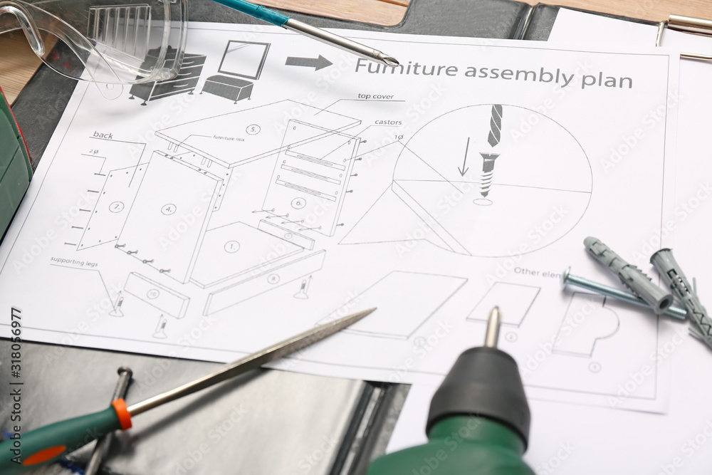 桌子上有一套工具的家具组装计划