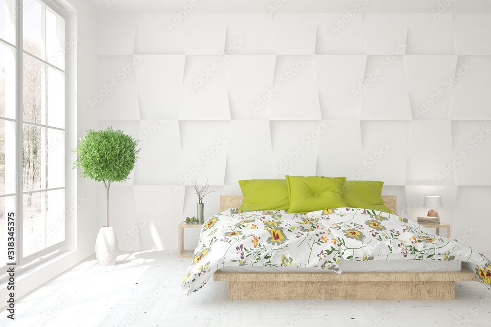 Stylish bedroom in white color. Scandinavian interior design. 3D illustration