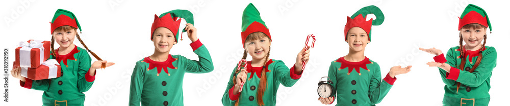 Little girl in costume of elf and with gifts on white background