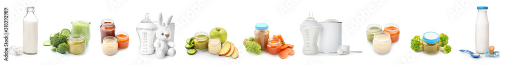 Set of different healthy baby food on white background