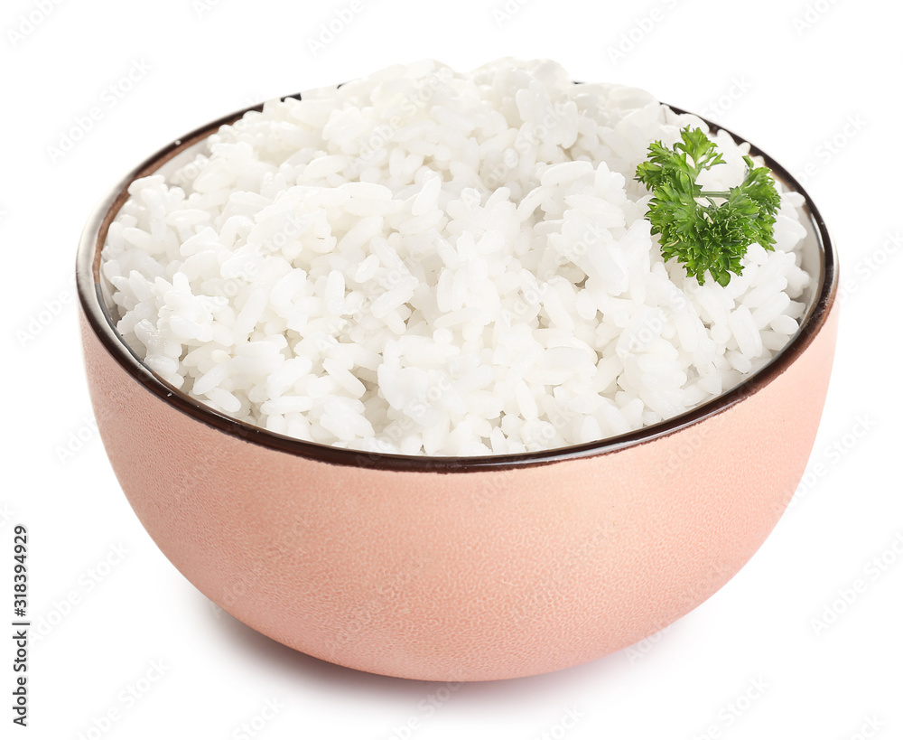 Boiled rice in bowl on white background