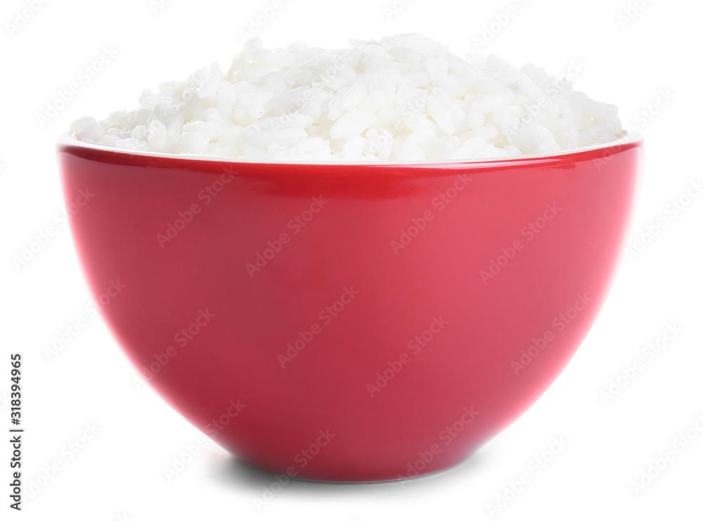 Boiled rice in bowl on white background