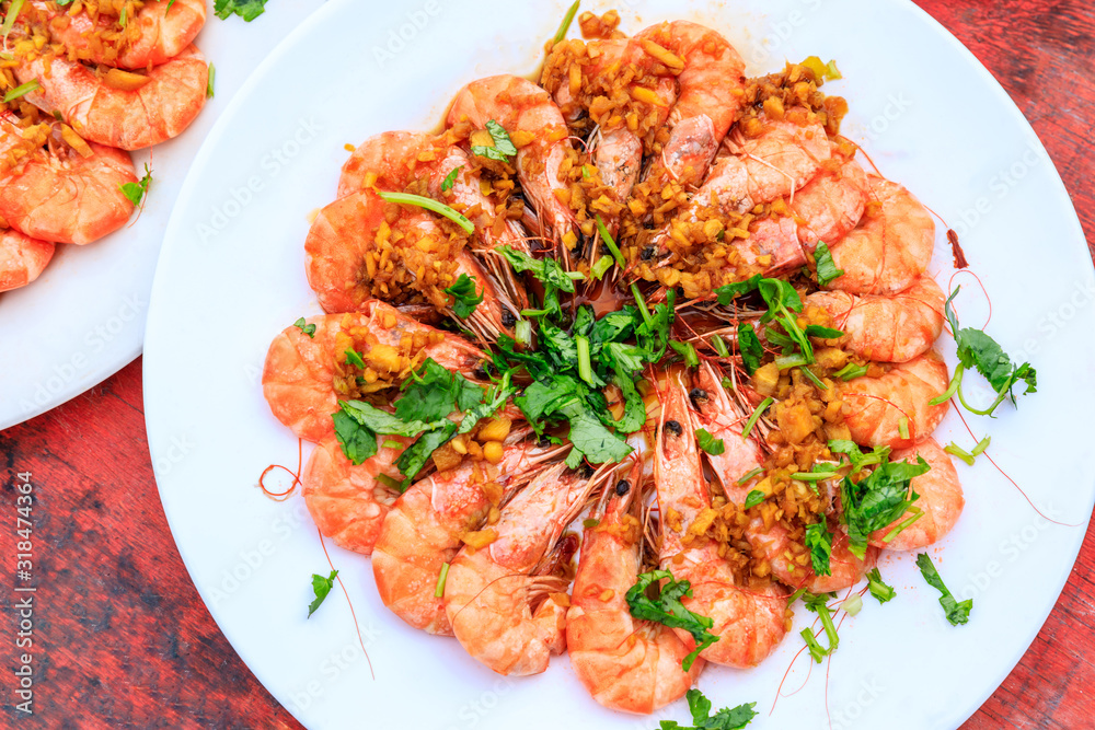 Boiled shrimp cold dish,ingredients are coriander and garlic,Chinese food.