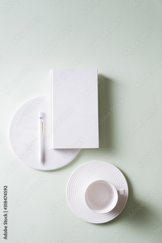 Office supplies composition on white background. Flat lay, top view.