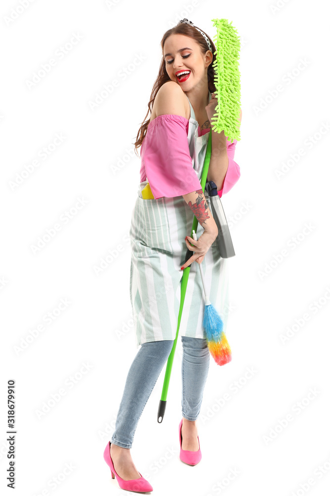 Beautiful housewife on white background