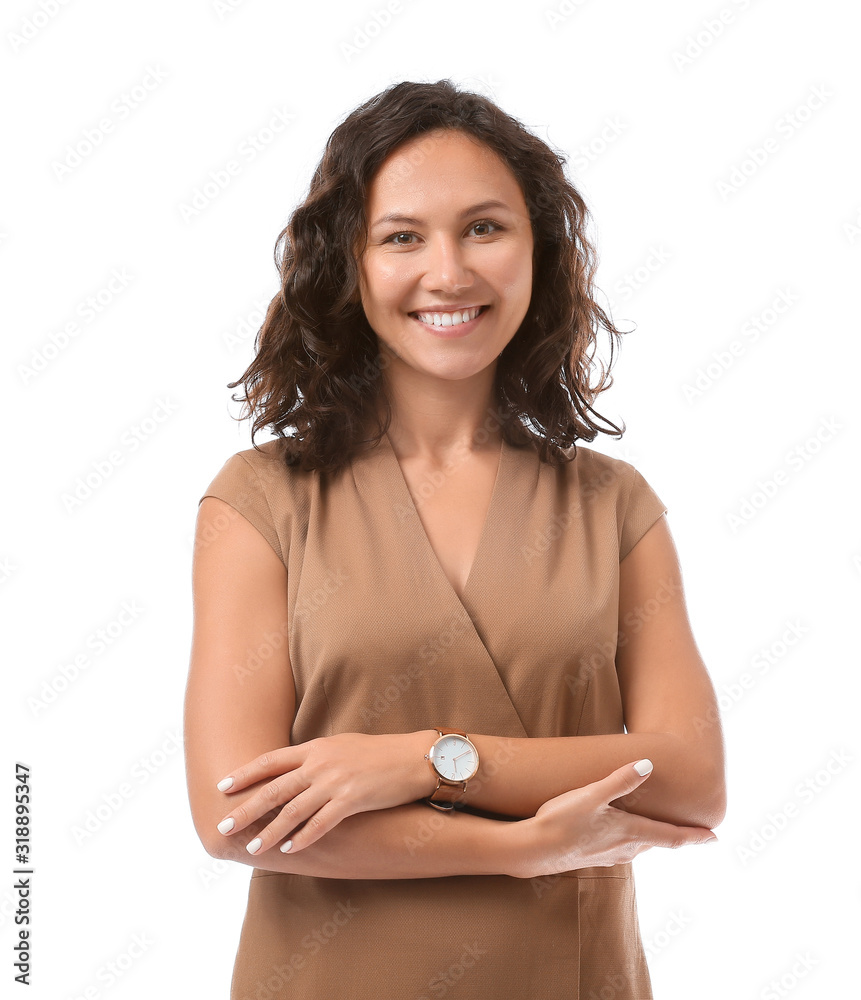 Portrait of beautiful businesswoman on white background