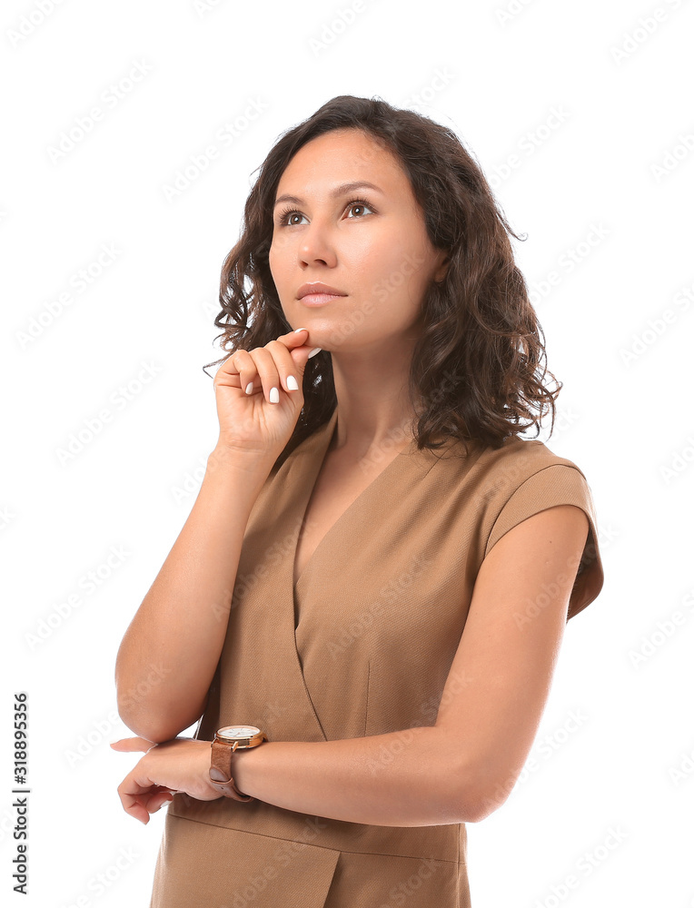 Portrait of thoughtful businesswoman on white background