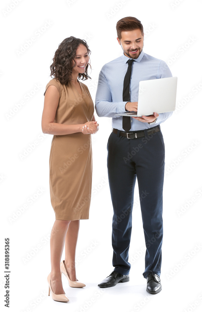 Portrait of young business people with laptop on white background