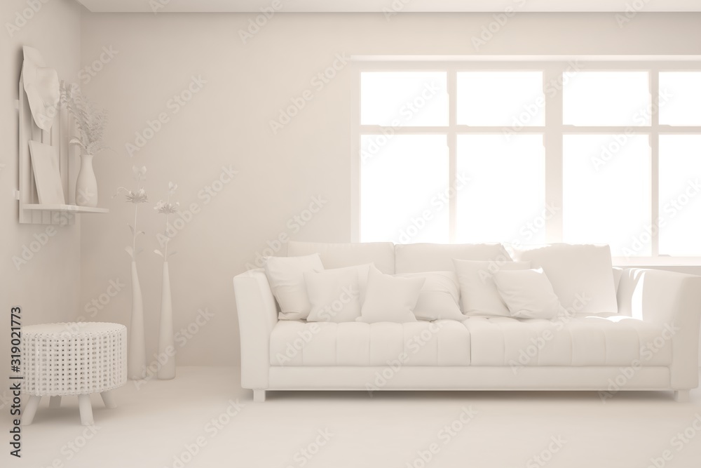 Mock up of stylish room in white color with sofa. Grey concept. Scandinavian interior design. 3D ill