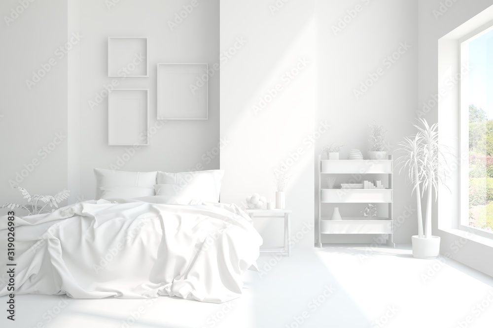 Modern bedroom in white color. Scandinavian interior design. 3D illustration