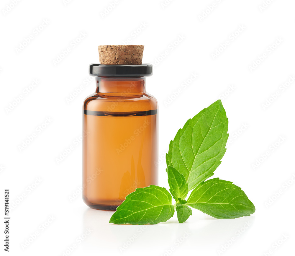 Peppermint essential oil isolated on white background