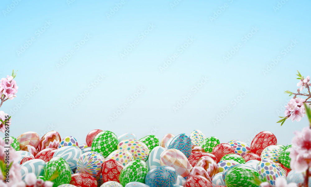 Colored easter eggs and gifts, 3d rendering