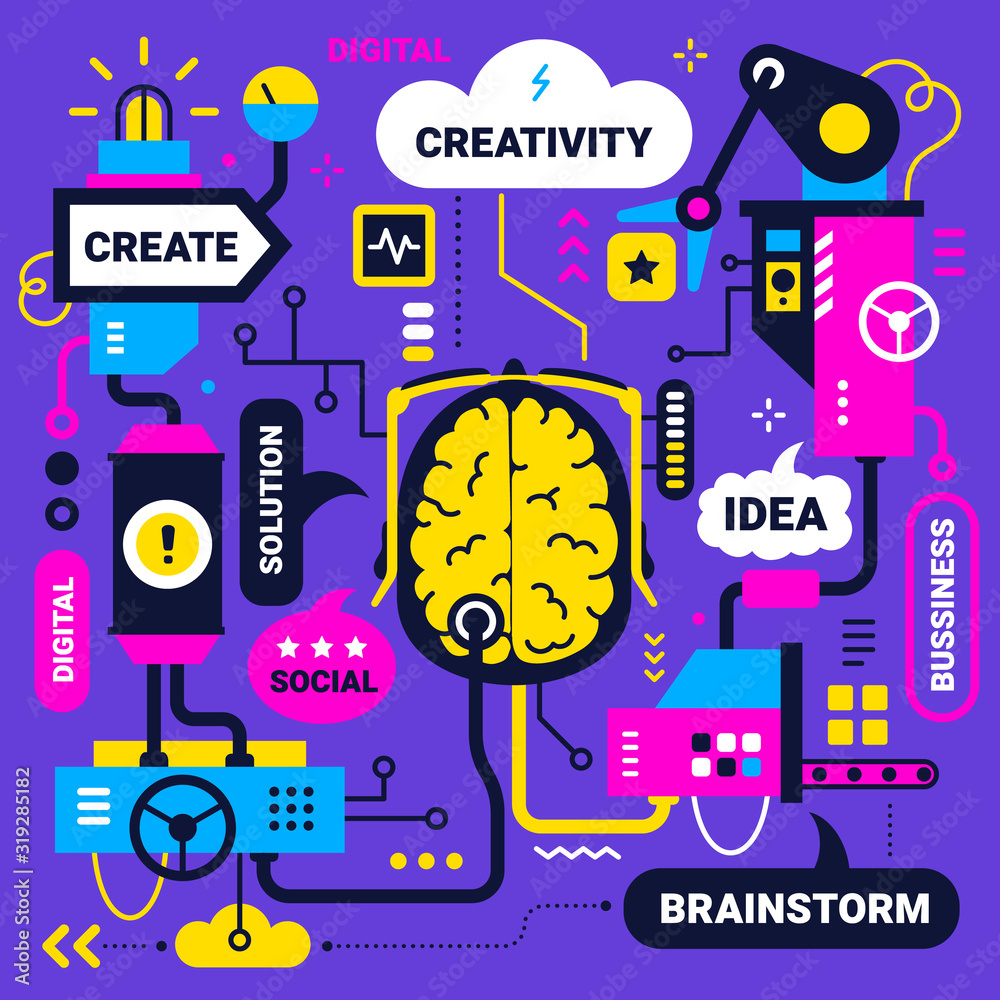 Vector creative business illustration of mechanism of work brain center with tag word on color backg