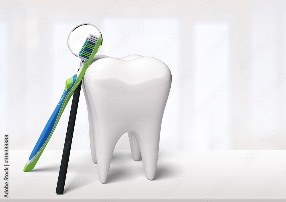 Bigtooth model and toothbrush on background