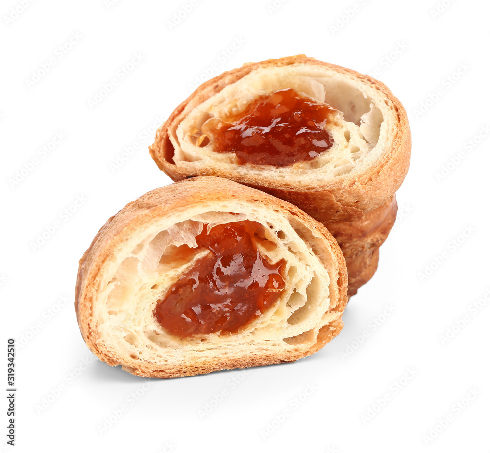 Tasty sweet croissant on white background