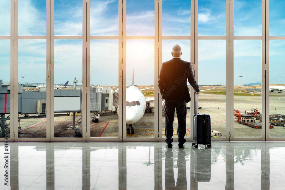 Businessman  standing together with baggage near the window at the departure area at the terminal in