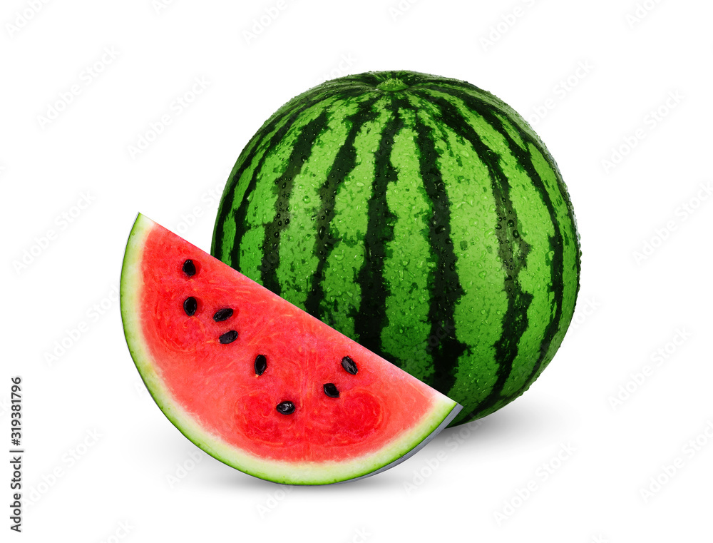 Slice and whole watermelon with water drop isolated on white background.