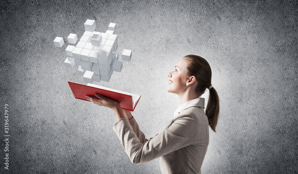 Woman showing geometric 3d cubes