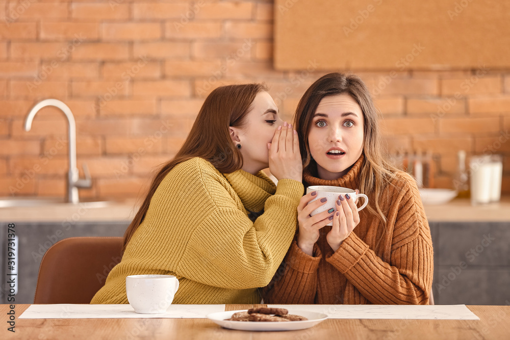 穿着保暖毛衣的年轻女人在家里闲聊