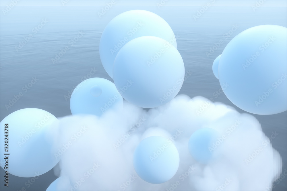 Balls and clouds floating on the lake,peaceful scene,3d rendering.