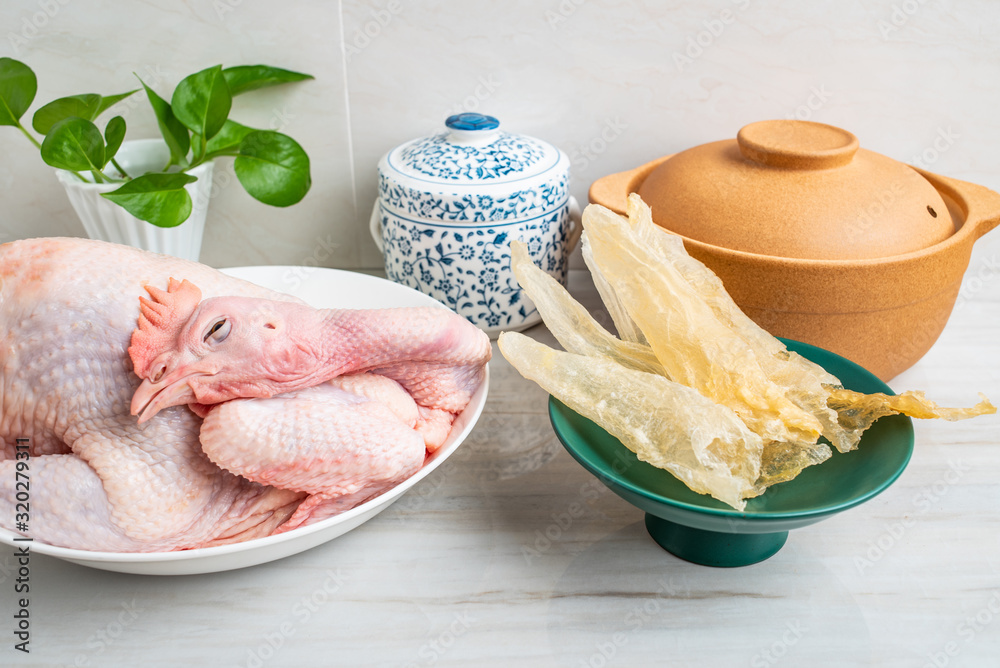 Chinese nutritious health soup ingredients mix, fresh hen and maw