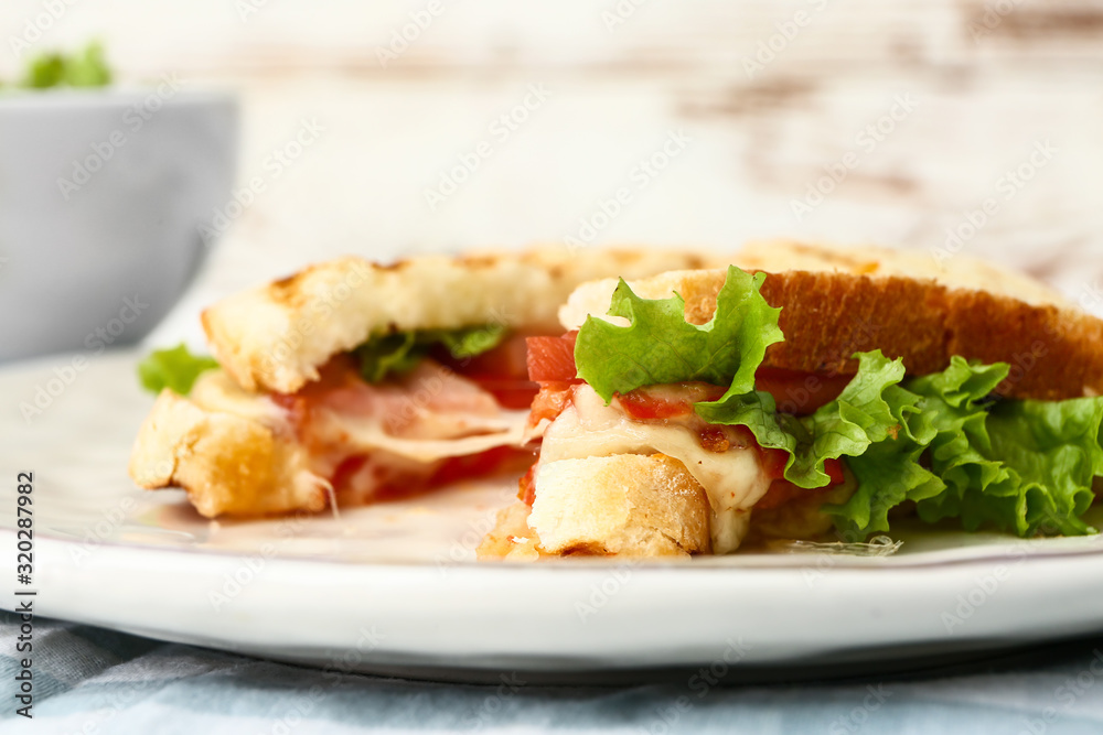 Plate with tasty sandwiches on table, closeup