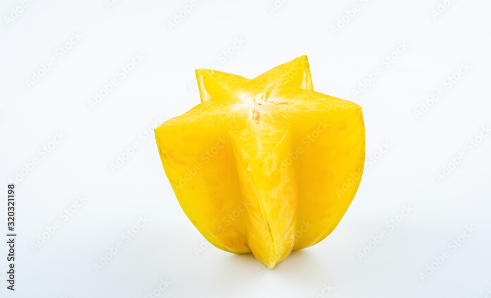 Fresh fruits carambola and pulp slices on white background