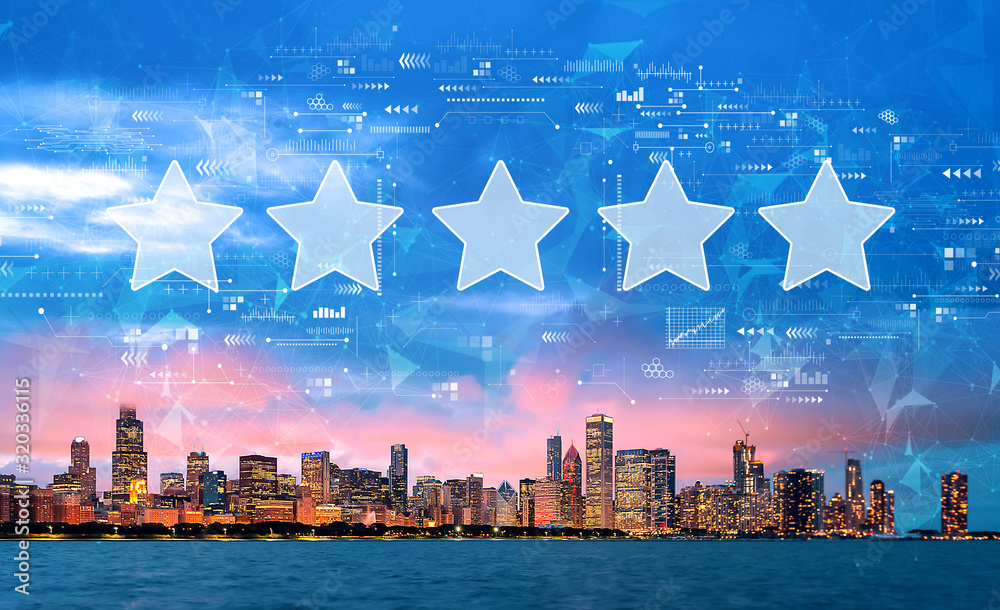 Rating star concept with downtown Chicago cityscape skyline with Lake Michigan