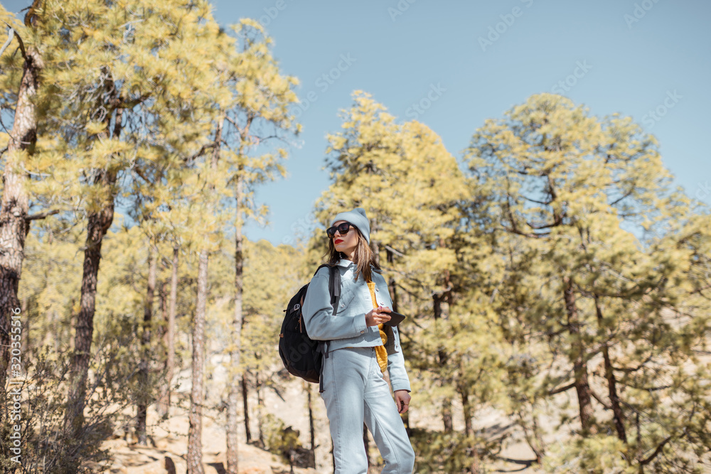 一位时尚女性的肖像，在松林中的火山岩上欣赏美丽的风景，trav