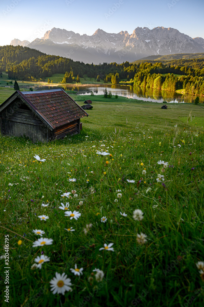 Idyllic alpine hut with flowers in Bavaria, Allgäu, Germany