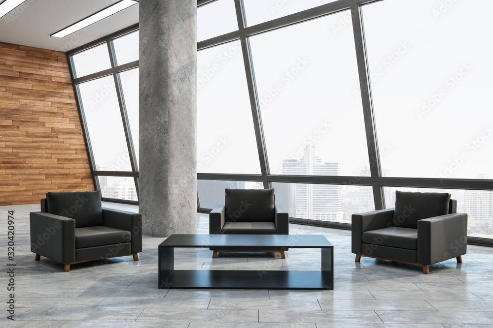 Contemporary waiting room with city view.