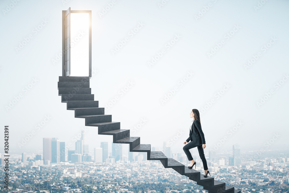 Businesswoman walking on ladder to success megapolis city view