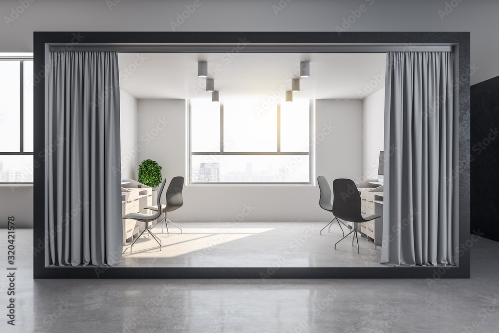 Contemporary office interior with curtains.