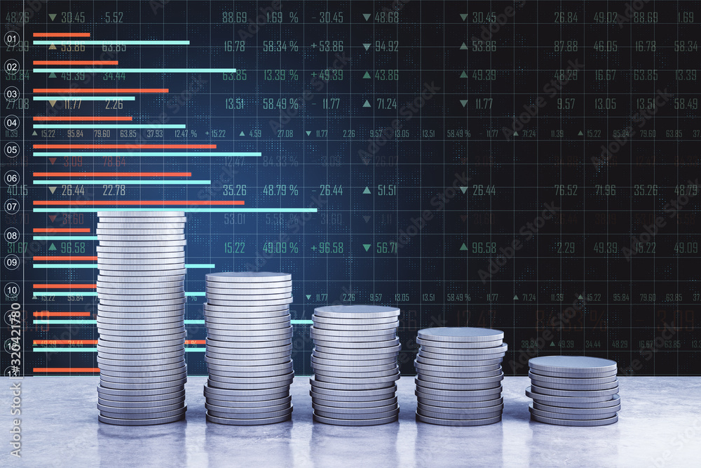 Silver coin piles with stock chart interface