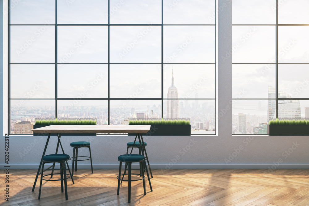 Contemporary coworking space with wooden table