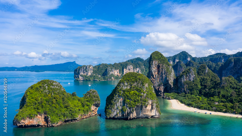 Aerial view Phra Nang Cave Beach with traditional long tail boat on Ao Phra Nang Beach, Railay Bay, 