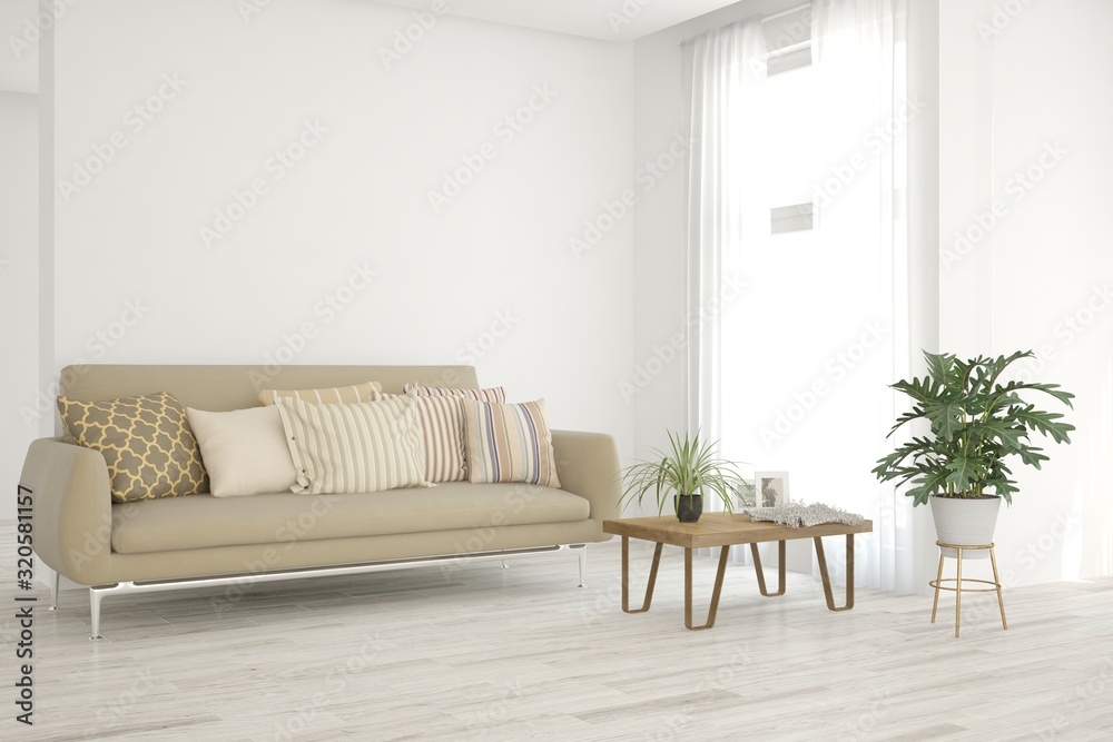 Stylish room in white color with sofa. Scandinavian interior design. 3D illustration