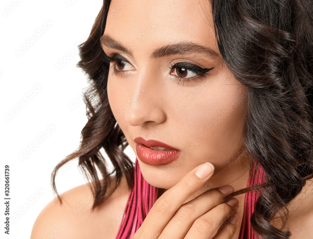 Beautiful young woman with stylish makeup on white background