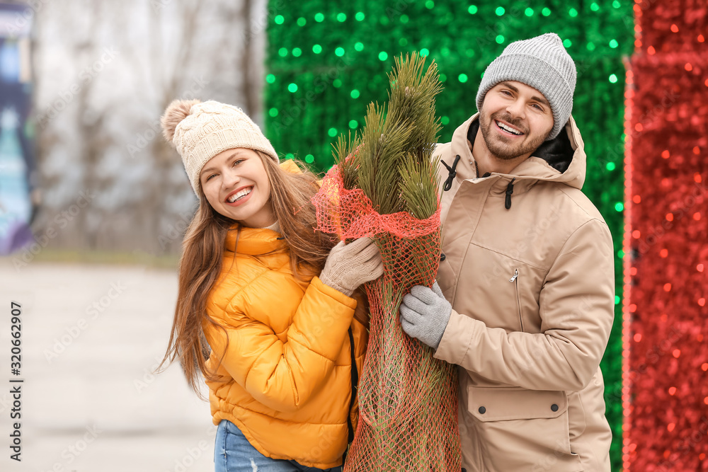 Young couple with bought Christmas tree outdoors