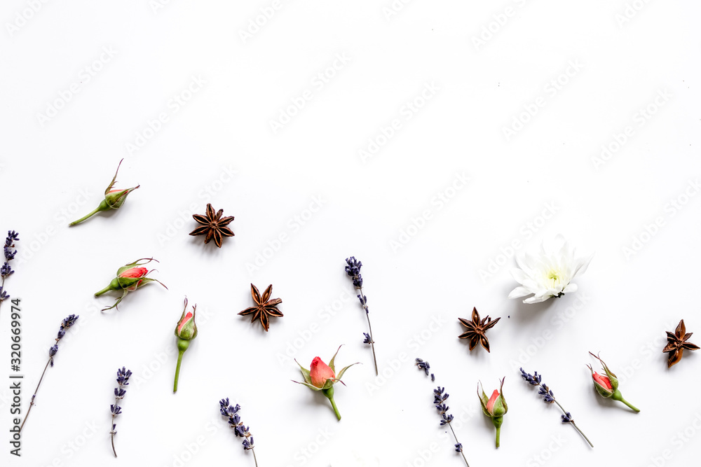 pattern of flowers on white background top view mock up