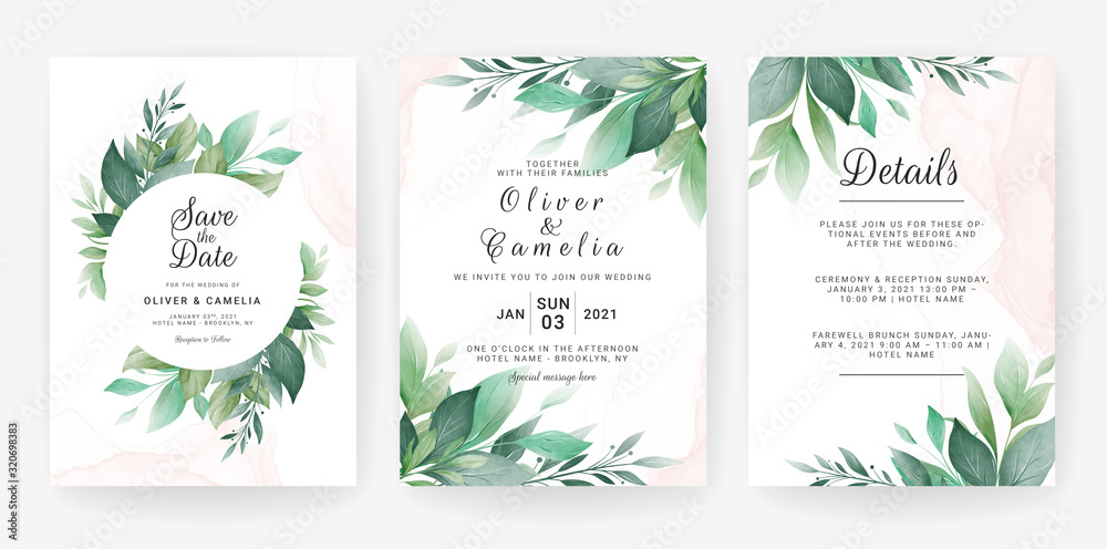 Wedding invitation card template set with leaves border. Flowers decoration for save the date, greet