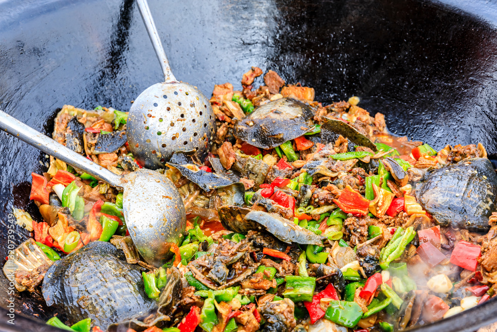 Delicious braised turtle in a pan,Chinese traditional cuisine.