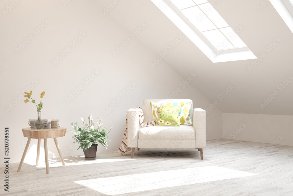 Stylish room in white color with armchair. Scandinavian interior design. 3D illustration