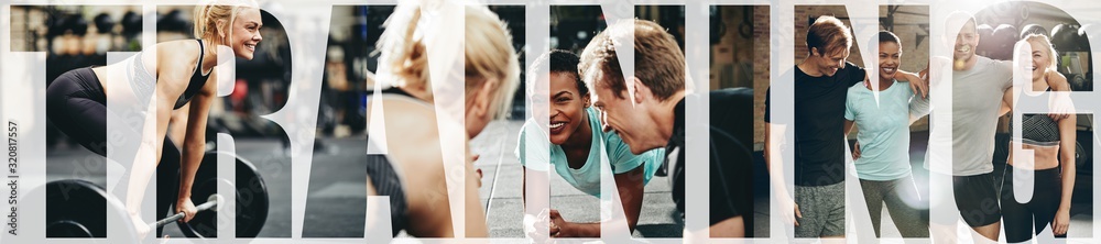 Collage of smiling people training together at the gym