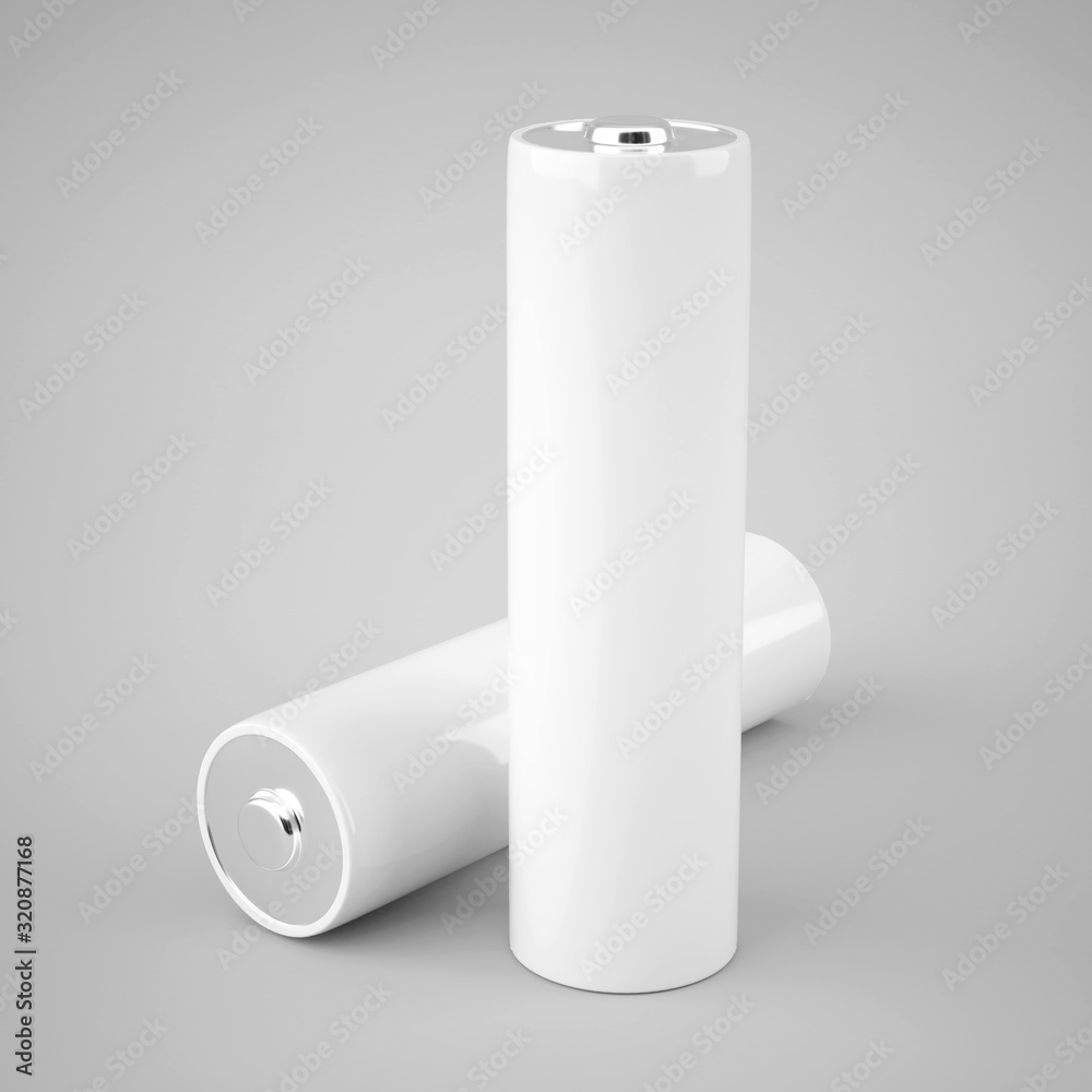 Finger batteries on a gray background, template for design, 3D illustration.