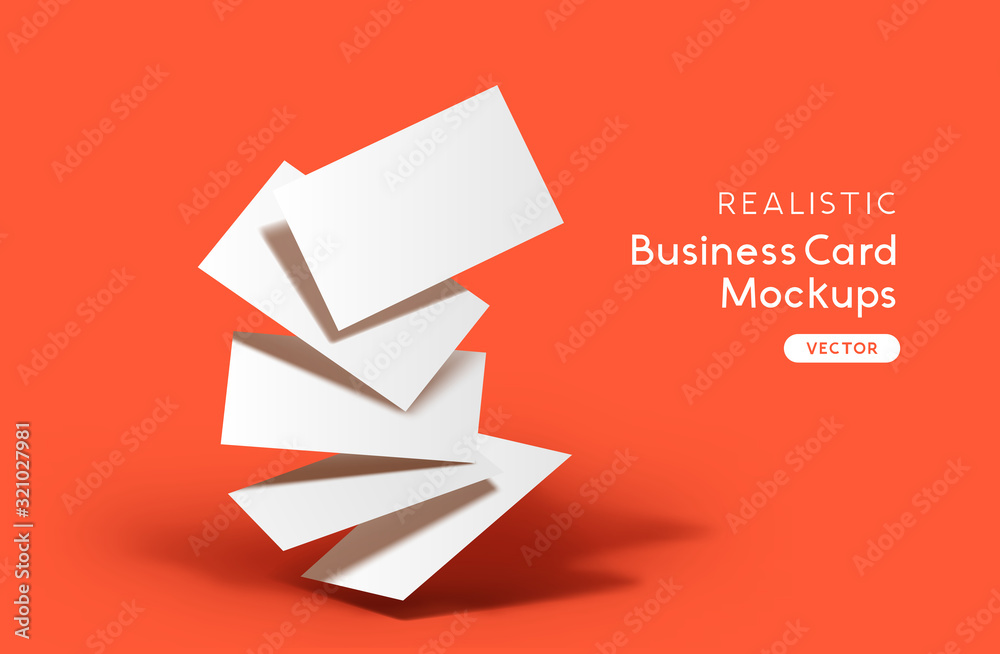 A stack of business cards on a orange background. Brand identity mockup design with shadows. Vector 