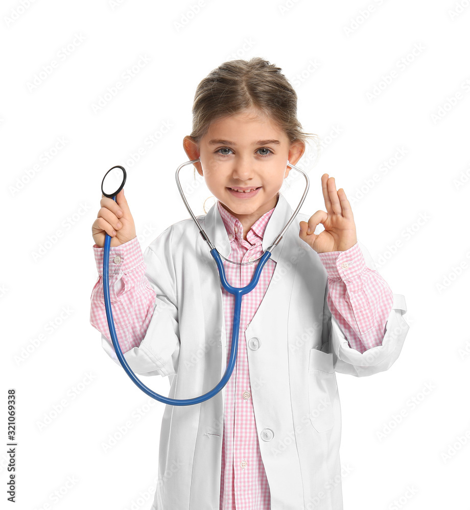 Cute little doctor on white background