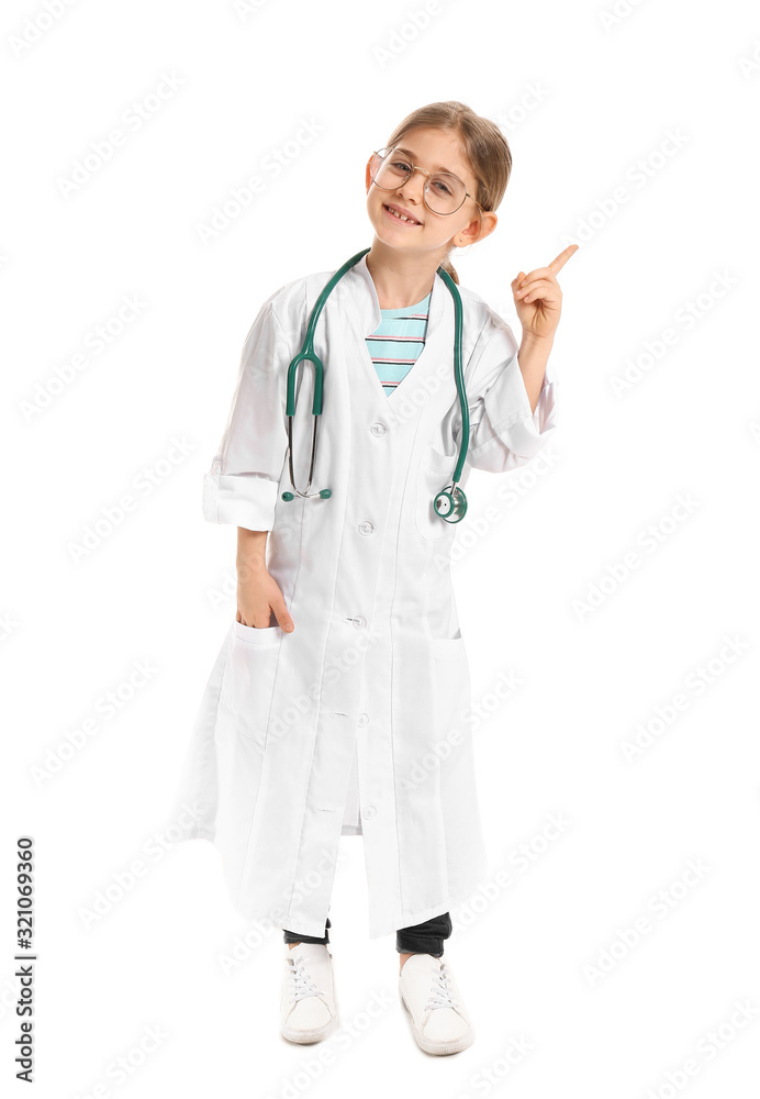 Cute little doctor on white background