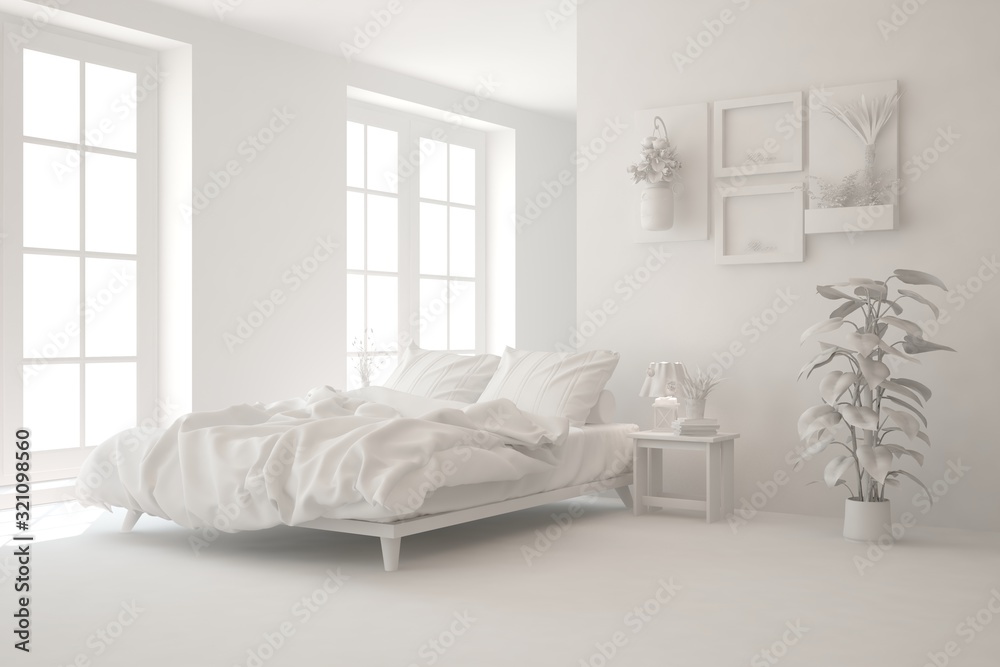 Modern bedroom in white color. Scandinavian interior design. 3D illustration