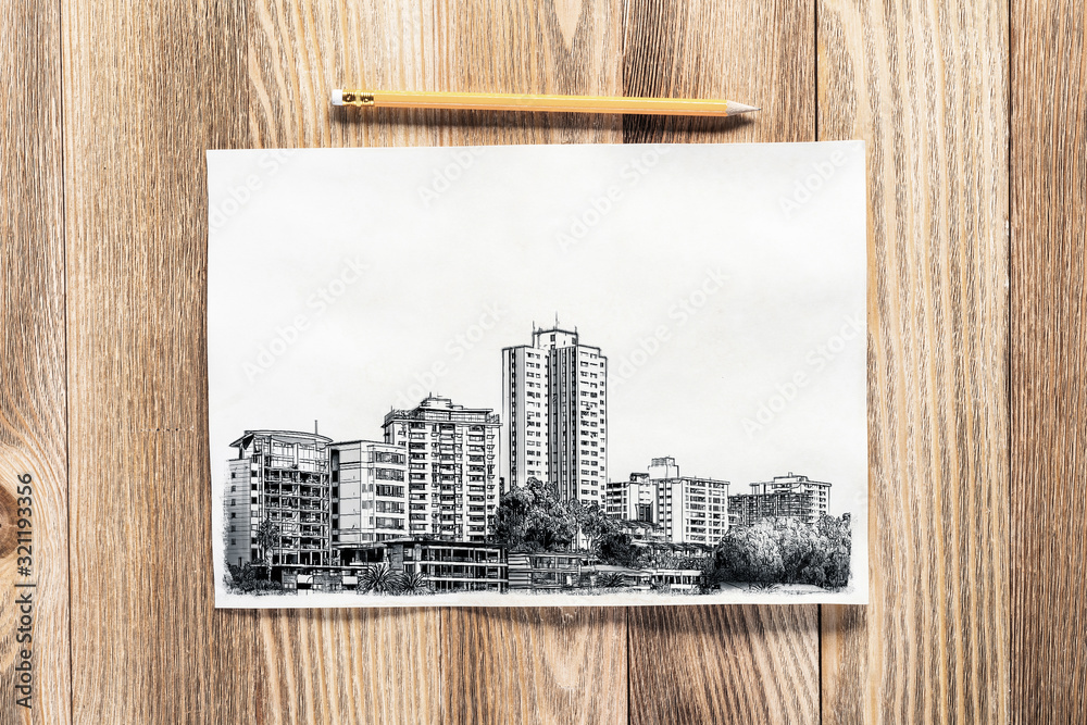 Modern megapolis skyline pencil draw